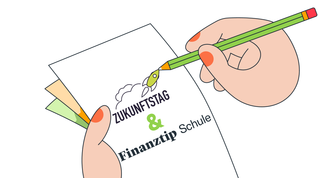 Logos von Zukunftstag und Finanztip Schule auf einem Arbeitsblatt